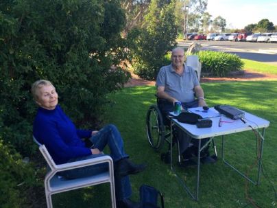 Larry on air at Hampstead Rehab Centre, being watched on by his wife Di